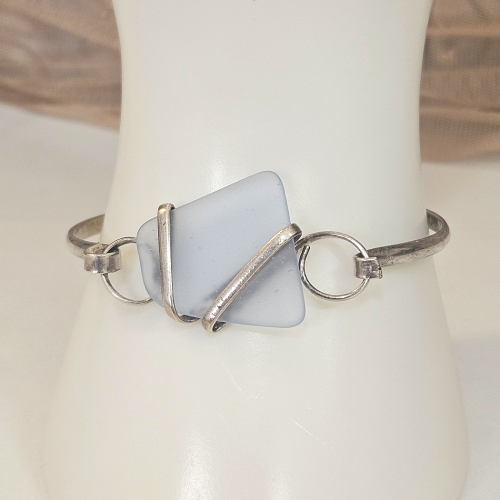 Sterling Silver 925 Beach Glass Bangle Bracelet Signed Stamped